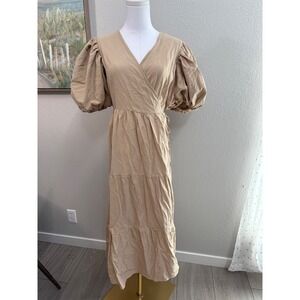 Nasty Gal Collection Tan Beige Puff Sleeve Tiered Wrap Midi Dress Size 8